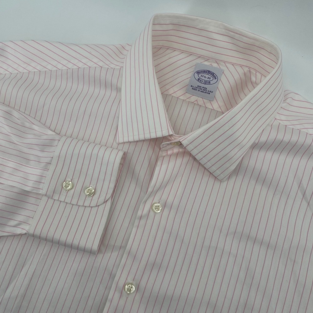 Brooks Brothers Dress Shirt Mens 17.5 35 Pink White Striped Non Iron Cotton LS